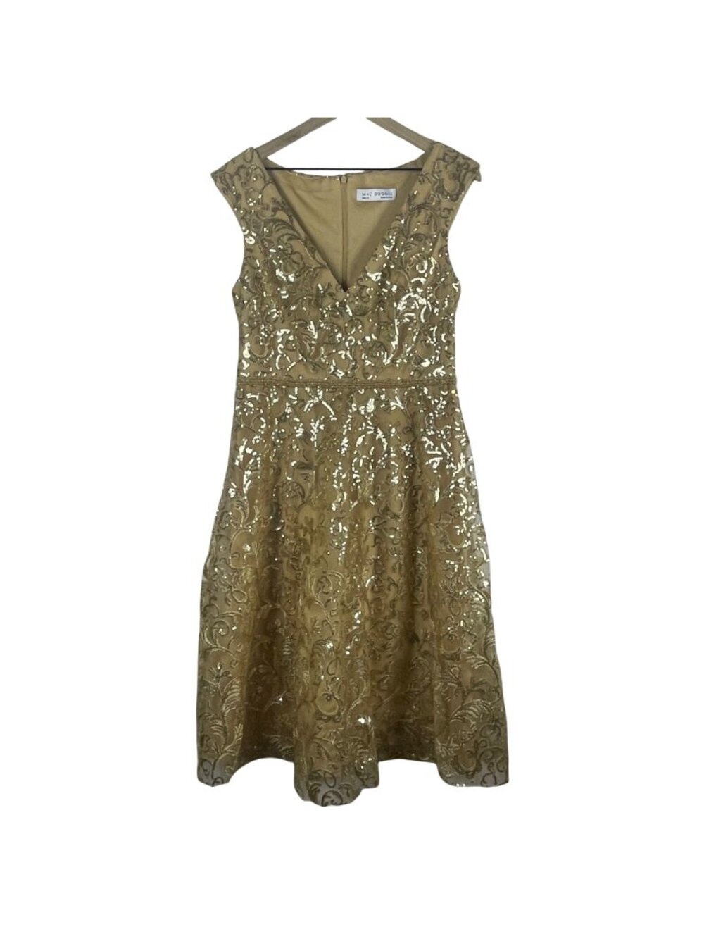 Mac Duggal Gold Sequin Embellished Fit & Flare Dress Size 10
